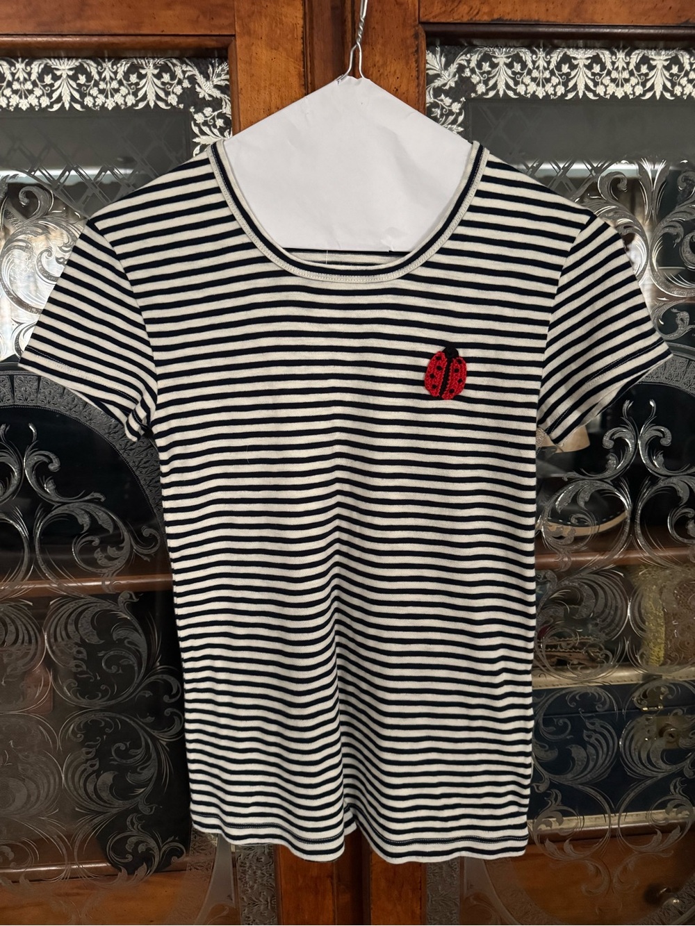 J. Crew Black & White Striped Tee with Red Ladybug Embroidery